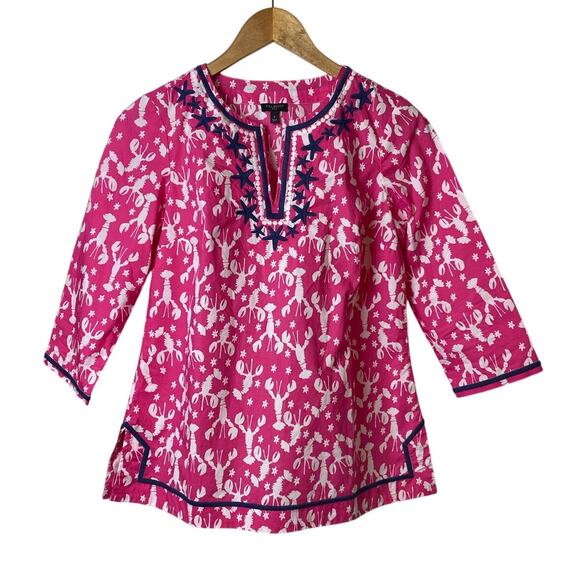 Talbots Women's Pink Lobster Rockstar Costal Tunic Blouse Size Petite (X-Small) - Picture 2 of 9